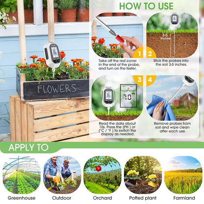 Medidor de Humedad del Suelo 4 en 1, Medidor Digital de Temperatura de Plantas/Prueba de Humedad del Suelo y Medidor de PH/Intensidad de Luz Solar, Pantalla LCD con Retroiluminación para