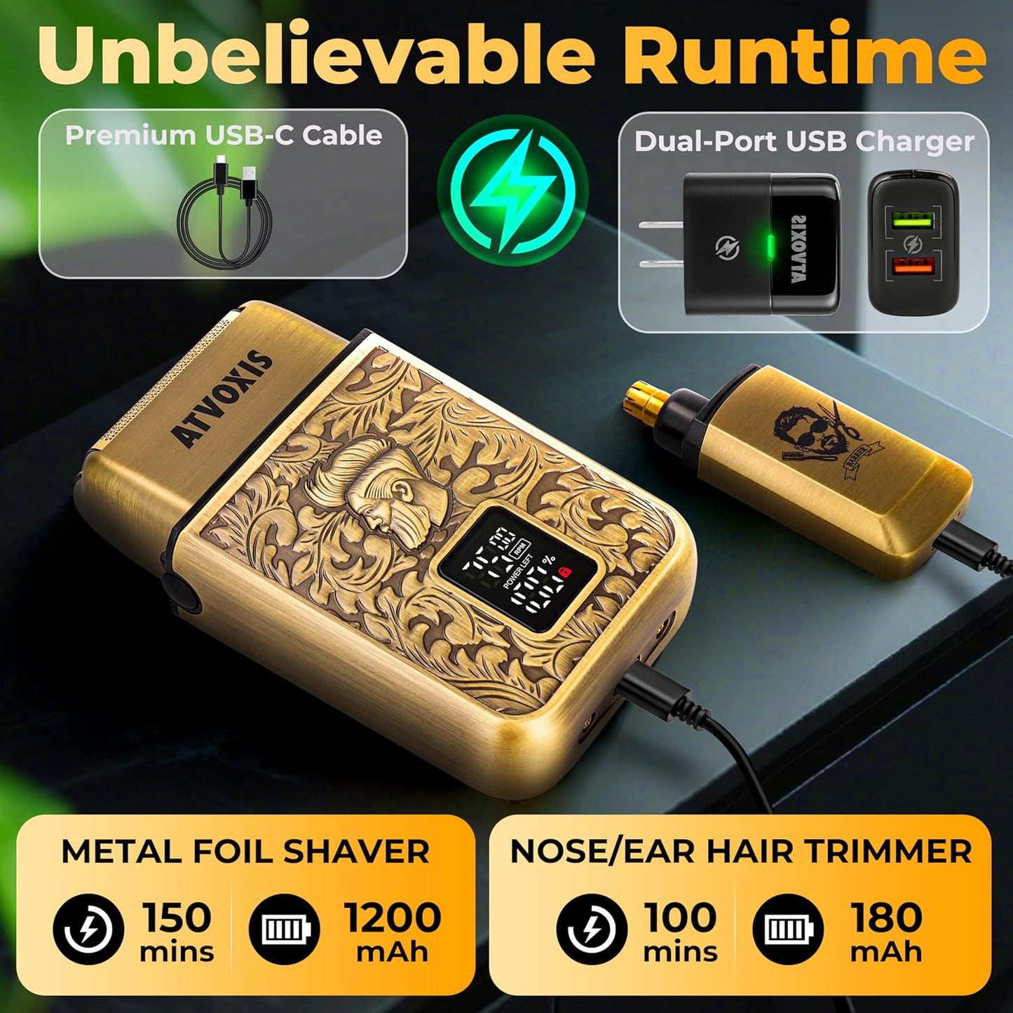 Afeitadora de aluminio de 3 velocidades para hombre: recortadora eléctrica de nariz y oreja de 10,000 RPM recargable inalámbrica, cargador de carga rápida USB-C incluido estuche de viaje (bronce)