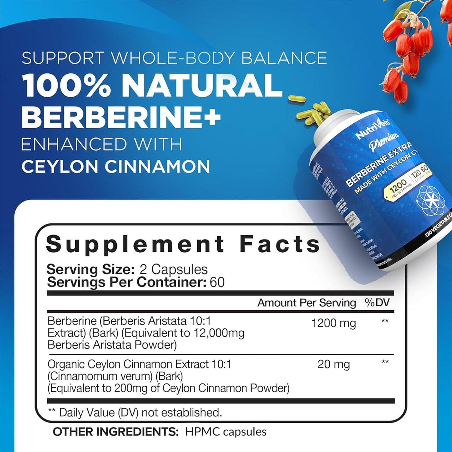 Nutrivein Berberina Premium 1200 mg con Canela de Ceilán - 120 Cápsulas: Suplemento de berberina de alta absorción para defensas, digestión y metabolismo