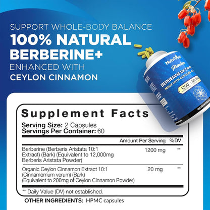 Nutrivein Berberina Premium 1200 mg con Canela de Ceilán - 120 Cápsulas: Suplemento de berberina de alta absorción para defensas, digestión y metabolismo