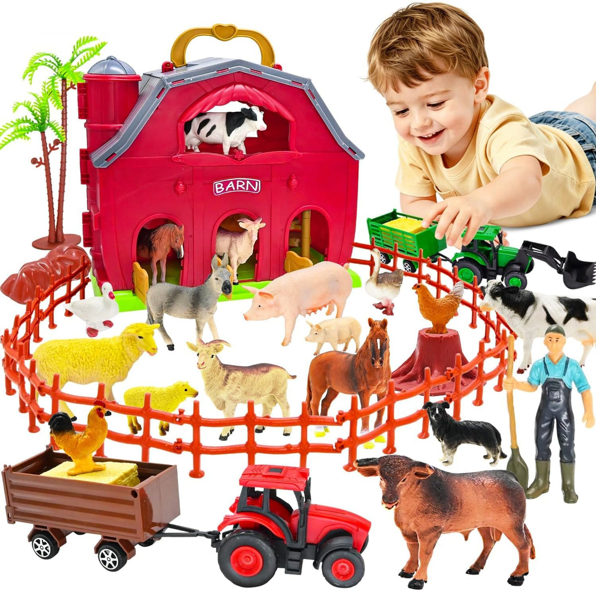BOLZRA Farm Animals Big Red Barn Toy con Tractors Fence para Toddlers 1-5