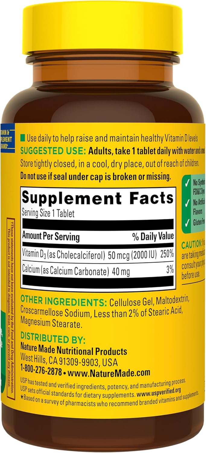 Nature Made Vitamina D3 2000 UI (50 mcg), suplemento de vitamina D...