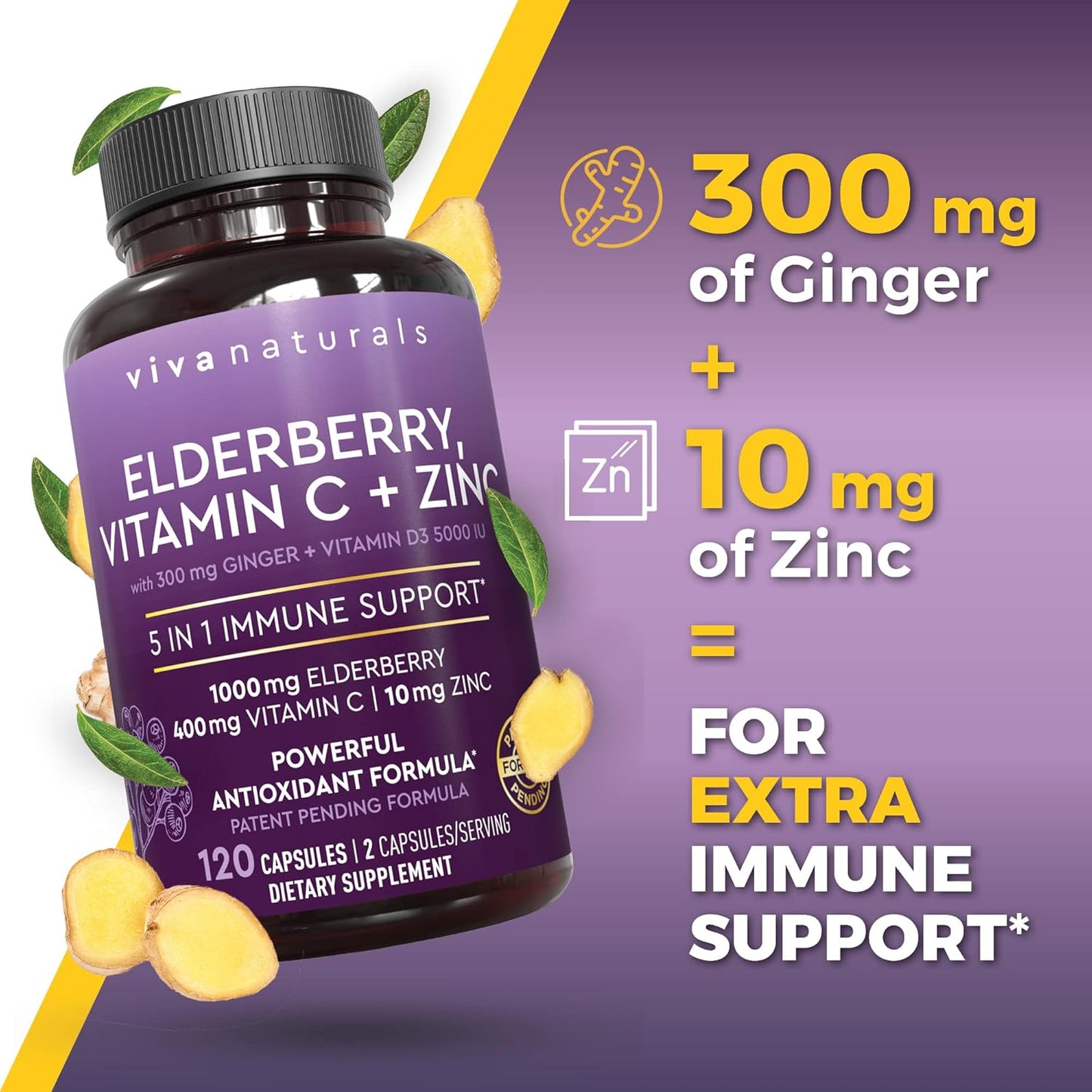 Viva Naturals Saúco con vitamina C y zinc para adultos - 5 en 1 Cáp...