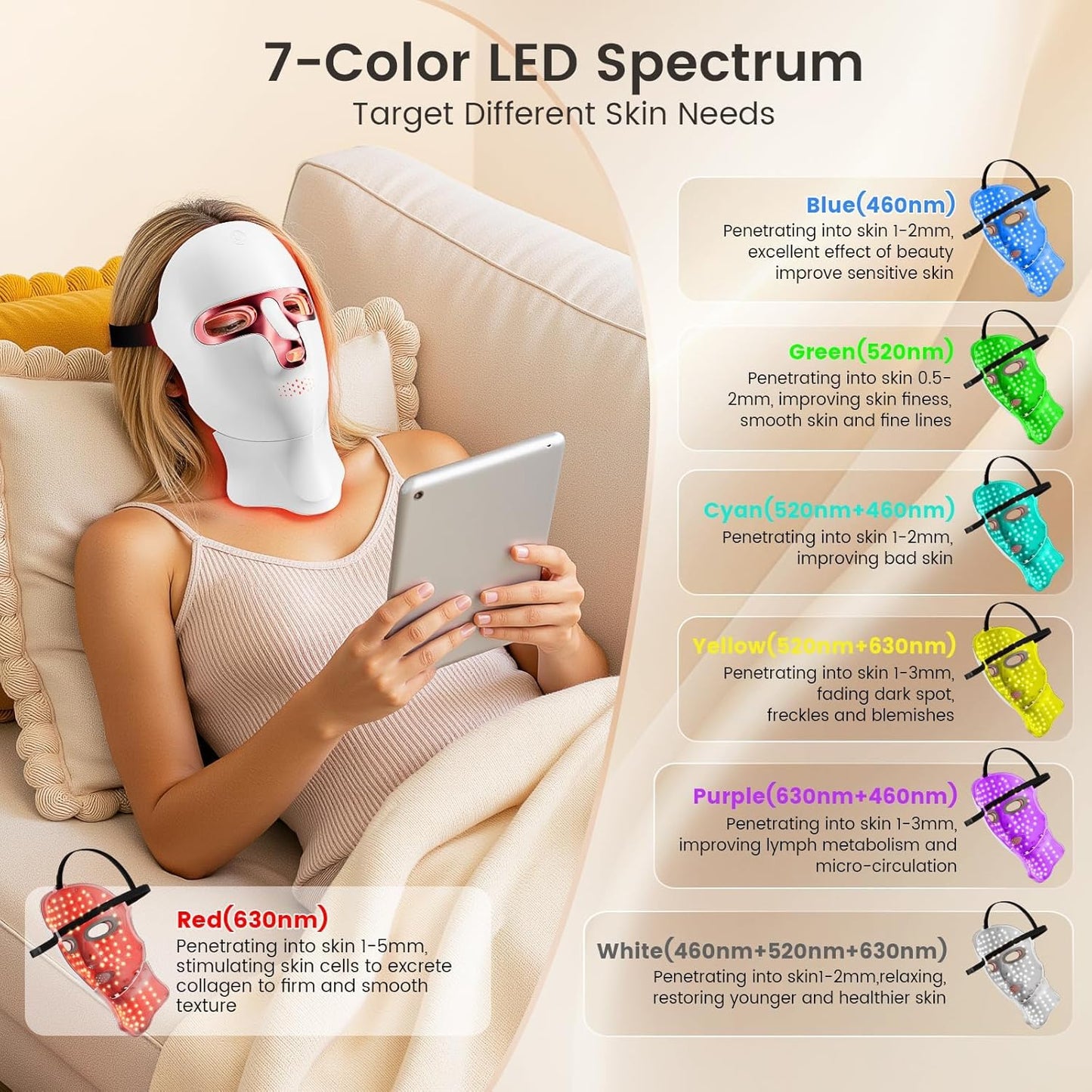 tinkoola Máscara de terapia de luz roja para cara y cuello, terapia...