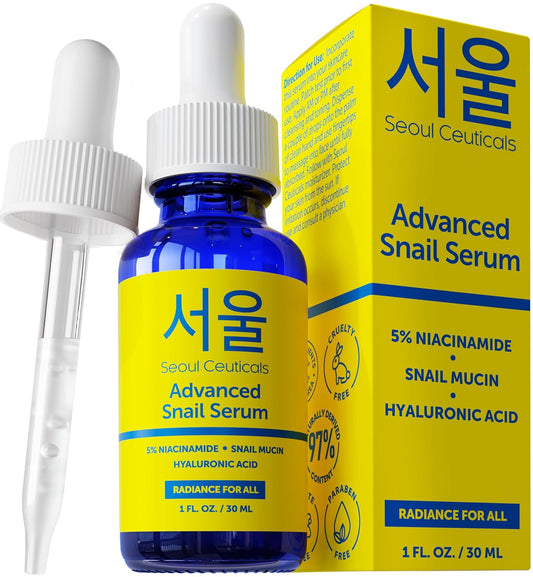 SeoulCeuticals K Beauty - Suero coreano al 5 % de niacinamida + mucina de caracol al 97.5 % + ácido hialurónico, cuidado de la piel coreano sin crueldad, suero facial antienvejecimiento natural y