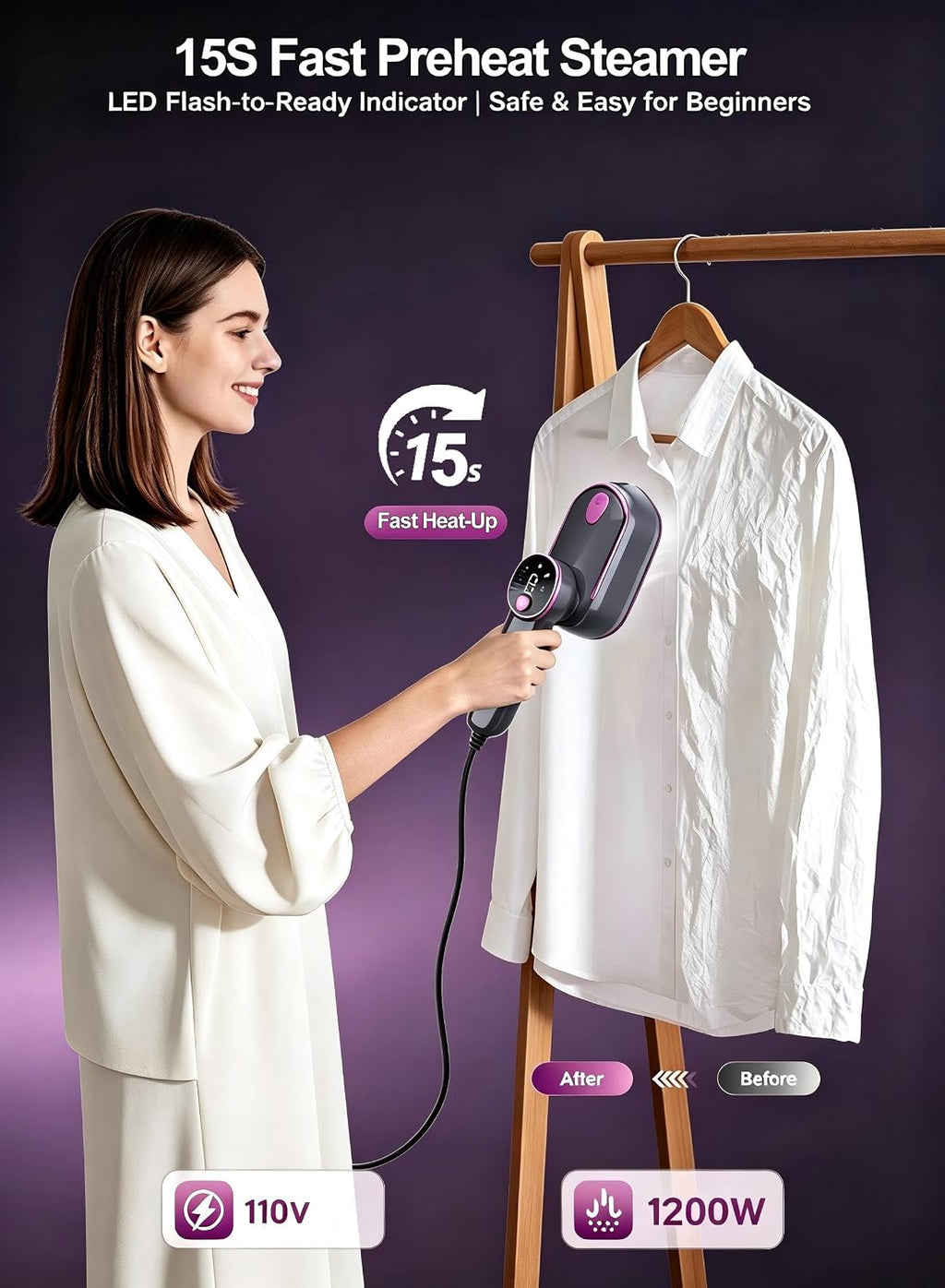 ADPTOYU Vaporizador de ropa portátil 2 en 1, plancha de vapor de vi...