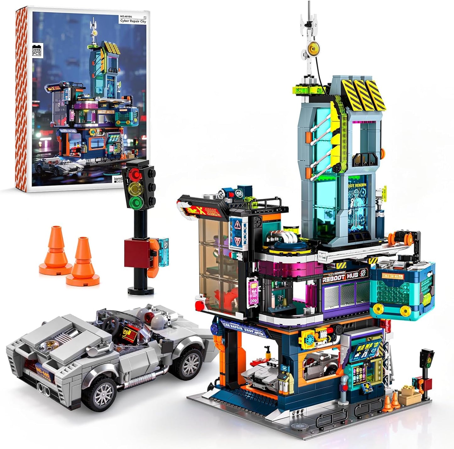 Cyber-Punk Mansion - Juego de bloques de construcción, 2098 piezas de neón para reparación de automóviles con automóvil deportivo de ciencia ficción, colección modular de vista de calle Cyber-Punk