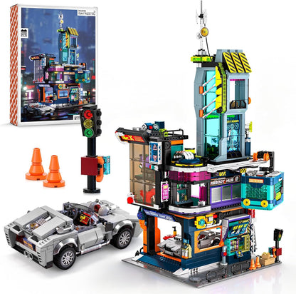 Cyber-Punk Mansion - Juego de bloques de construcción, 2098 piezas de neón para reparación de automóviles con automóvil deportivo de ciencia ficción, colección modular de vista de calle Cyber-Punk