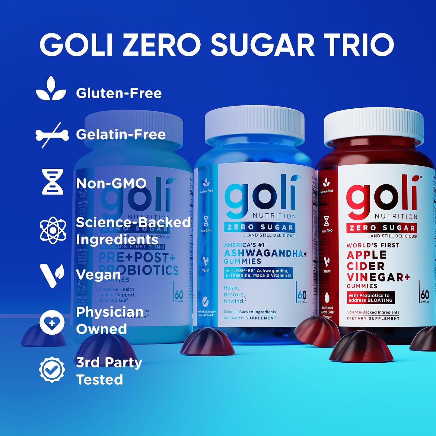 Goli Zero Sugar Trio - El Primer 3-en-1 Pre, Post, Probiótico del M...
