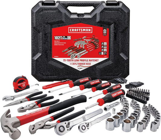 CRAFTSMAN Kit de herramientas de 102 piezas para el hogar y el automóvil, juego de herramientas manuales duraderas con juego de dados SAE y métricos, destornilladores, llave inglesa, martillo
