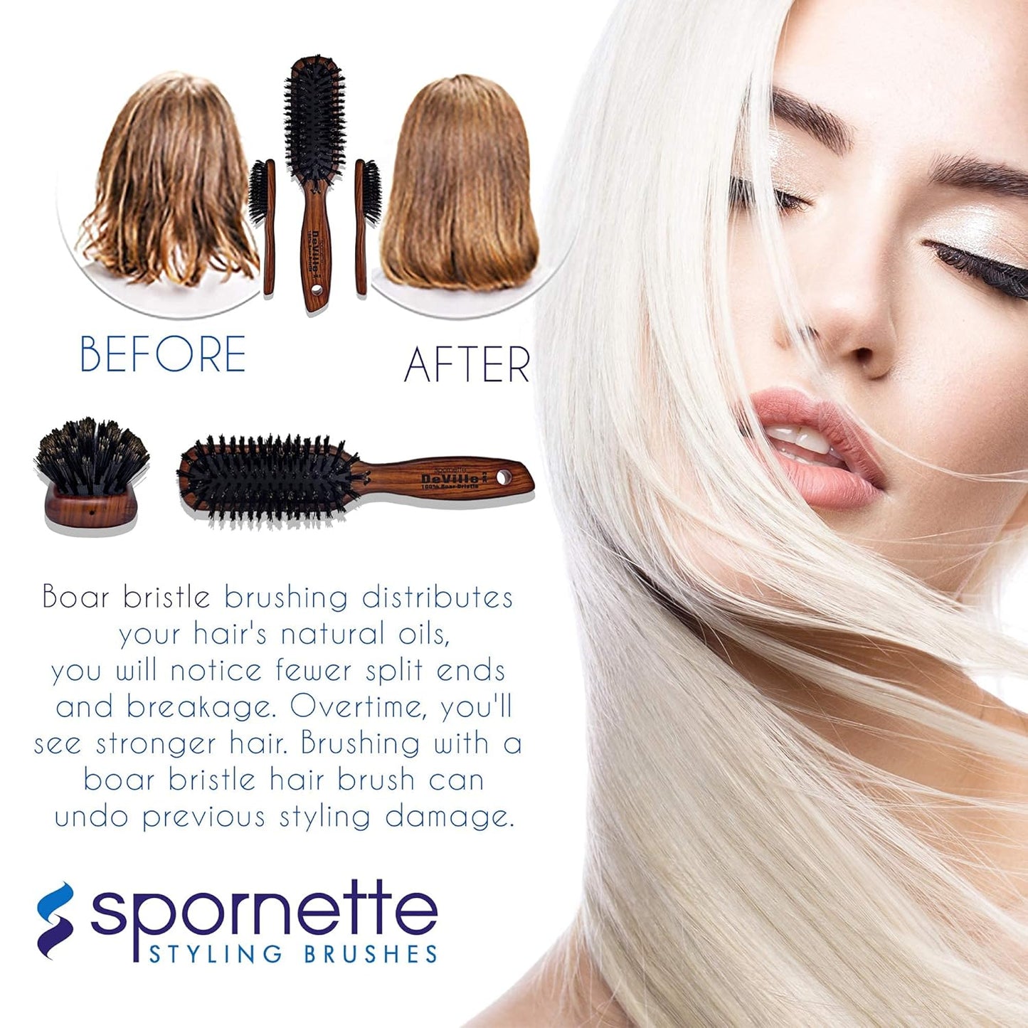 Spornette Deville - Cepillo de pelo para esculpir #343, cerdas de jabalí suaves, mango de madera, cepillo alisador acolchado para mantenimiento diario, acabado y añade brillo a cepillados y soplados