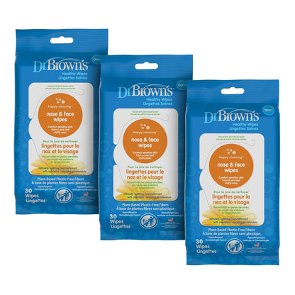 Dr. Brown's Toallitas saludables para nariz y cara, limpieza e hidratación seguras para bebés y niños pequeños, hipoalergénicas para pieles sensibles, 30 unidades, paquete de 3 (el embalaje puede