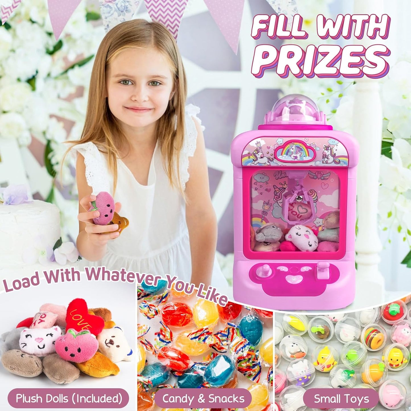 Marlrin Máquina de Garra para Niños, Mini Máquina Expendedora Juguetes de Unicornio para Niñas, Agarrador de Dulces Dispensador de Premios con Sonido y 20 Mini Juguetes de Peluche, Juego de Arcade