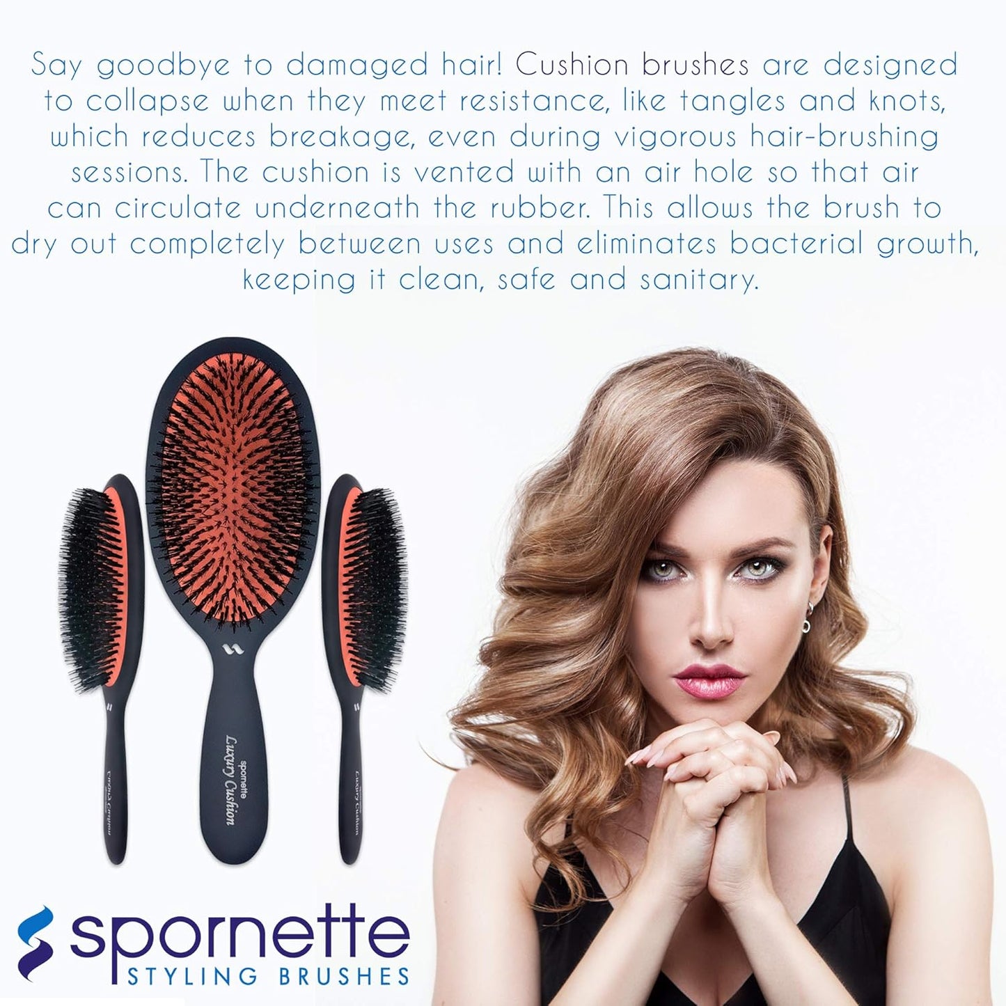 Spornette Cepillo de pelo ovalado de jabalí y cerdas de nailon de lujo grande (#LX-1) con un mango antideslizante de satén suave, ideal para peinar, alisar todo tipo de cabello, pelucas y extensiones