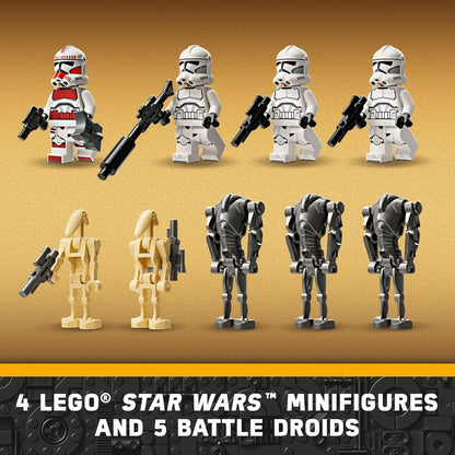 LEGO Star Wars 75372 - Paquete de batalla de soldado clon y droide de batalla para niños, vehículo de bicicleta Speeder de juguete construible, Tri-Droid y poste defensivo, coleccionable, regalo para