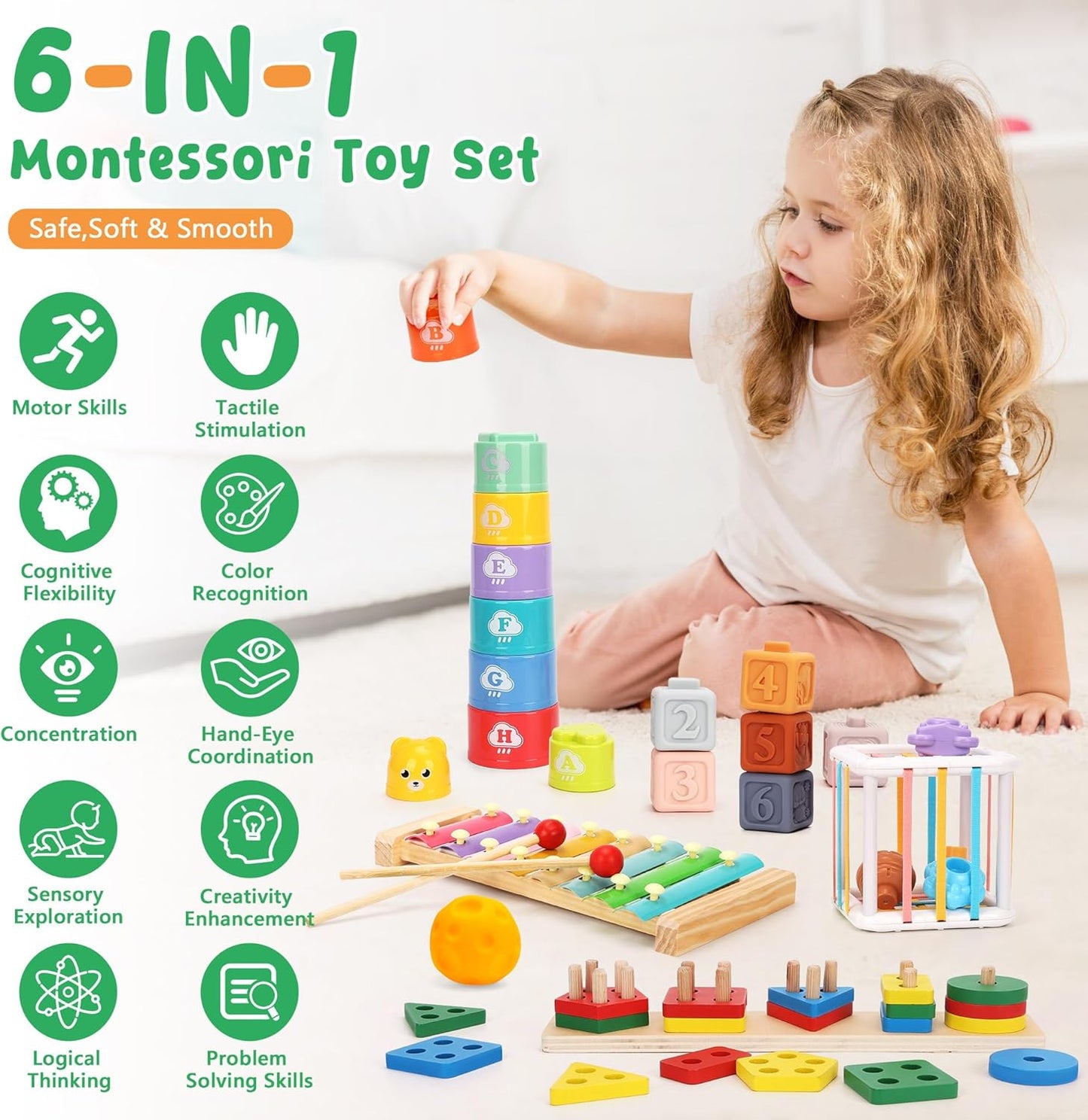FlufiFiea Juguetes Montessori 6 en 1 para bebés de 6 a 12 a 18 mese...