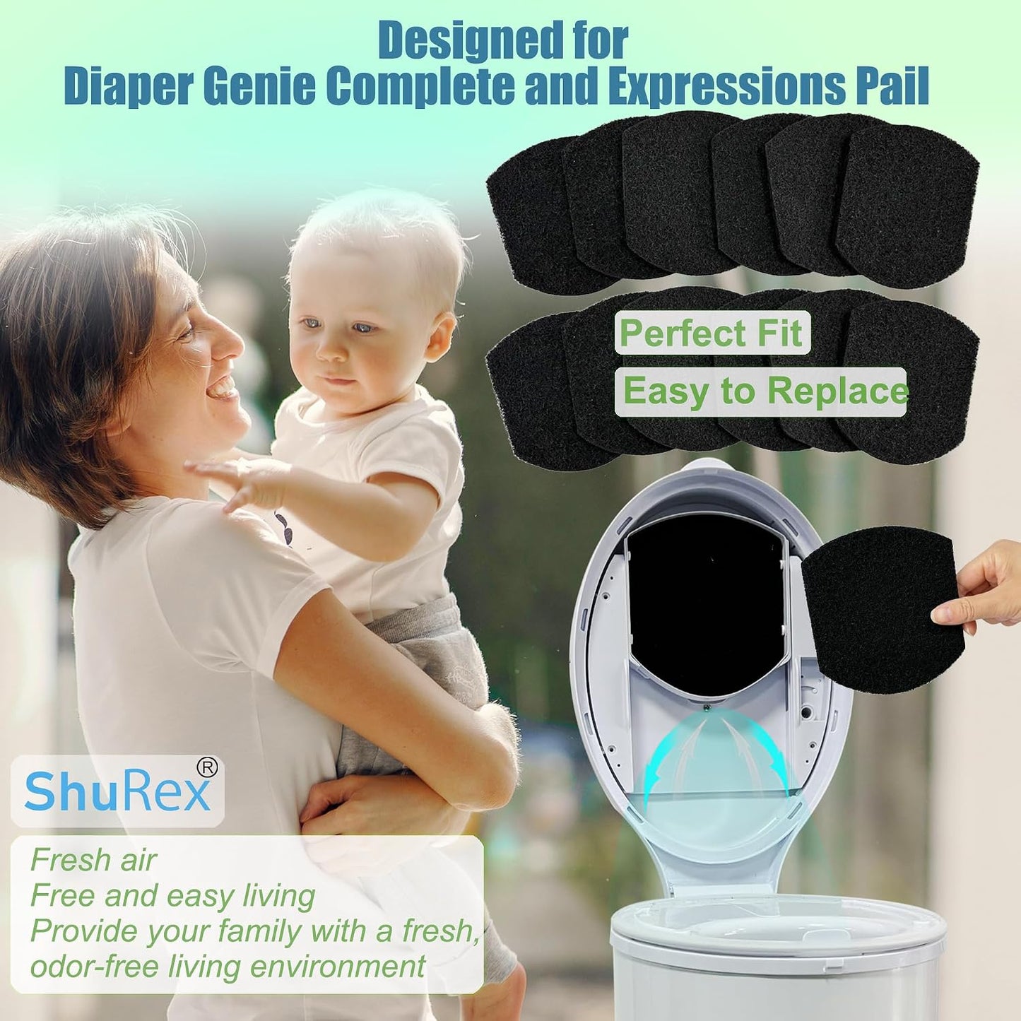 ShuRex Paquete de 12 filtros desodorantes para cubeta de pañales de...
