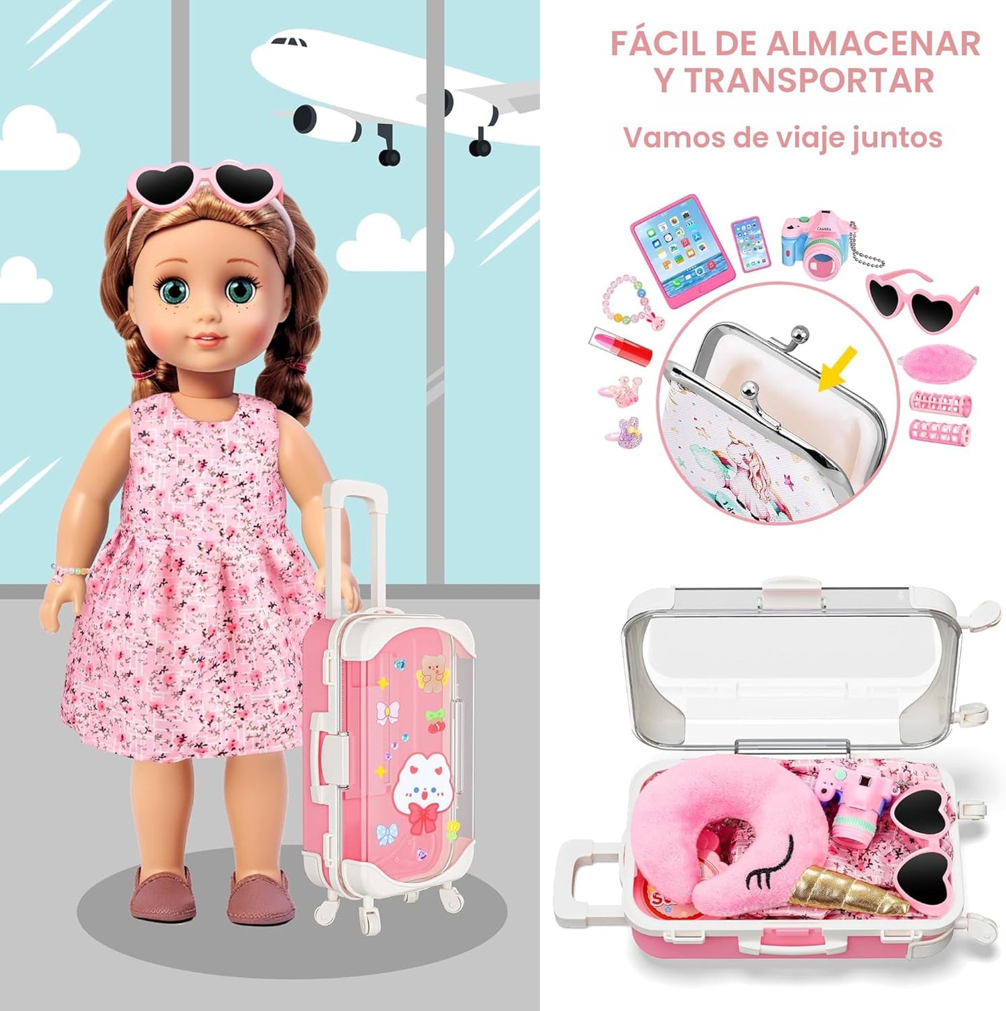 XFBB Juego de viaje con maleta para muñeca, ropa y accesorios para...