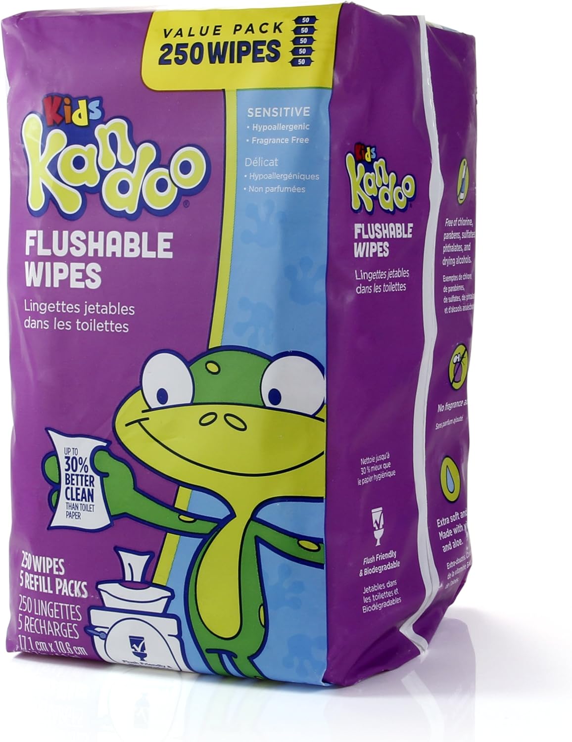 Kandoo - Toallitas desechables para bebés y niños, sin perfume para pieles sensibles, paños de limpieza húmedos hipoalergénicos para entrenamiento de orinal, 250 unidades, paquete de 5