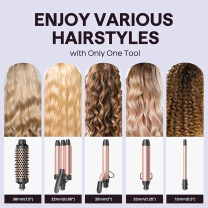 Wavytalk Juego de rizadores 5 en 1, juego de rizadores de doble voltaje con 5 barriles intercambiables incluidos un cepillo térmico, un rizador de cabello y 3 varitas rizadoras de cerámica (0.5 a 1.25