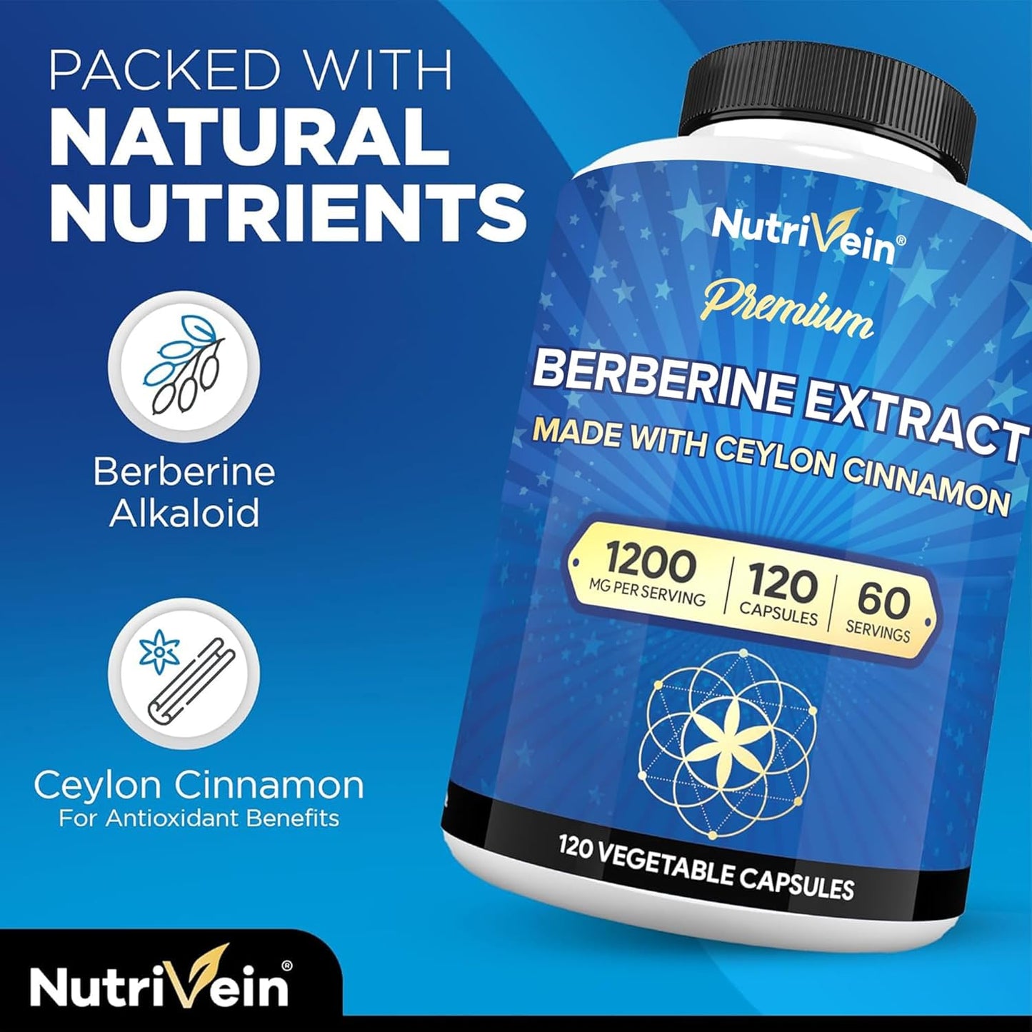 Nutrivein Berberina Premium 1200 mg con Canela de Ceilán - 120 Cápsulas: Suplemento de berberina de alta absorción para defensas, digestión y metabolismo