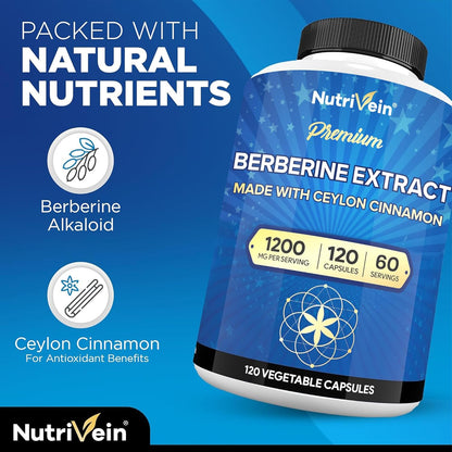 Nutrivein Berberina Premium 1200 mg con Canela de Ceilán - 120 Cápsulas: Suplemento de berberina de alta absorción para defensas, digestión y metabolismo