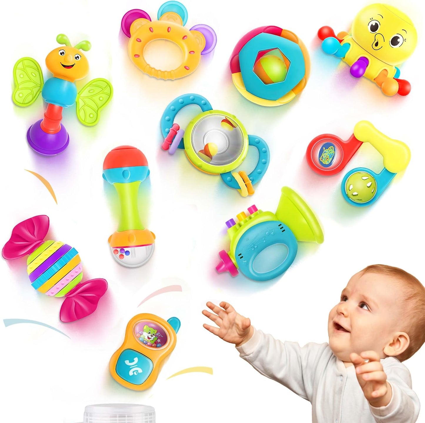 iPlay, iLearn Juego de 10 sonajeros para bebés, juguetes, sonajero fácil de agarrar y sacudir, mordedor sensorial, juguete musical de aprendizaje y desarrollo para bebés, regalo para baby shower y