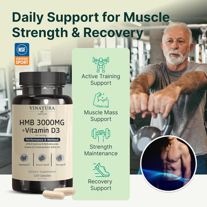 VINATURA Suplemento HMB de 3000 mg y vitamina D3, defensa muscular...