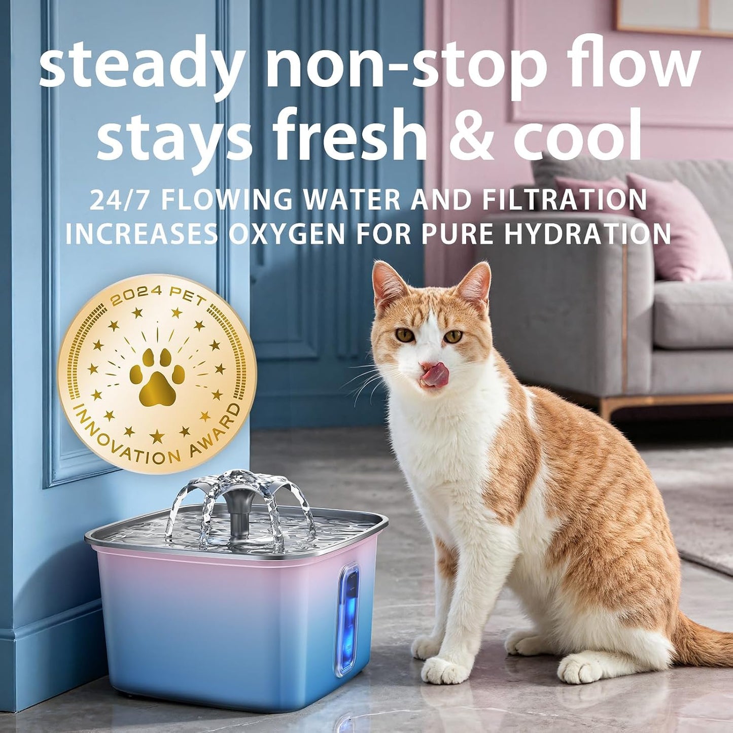 Fuente de agua para gatos de acero inoxidable, ganadora del premio...