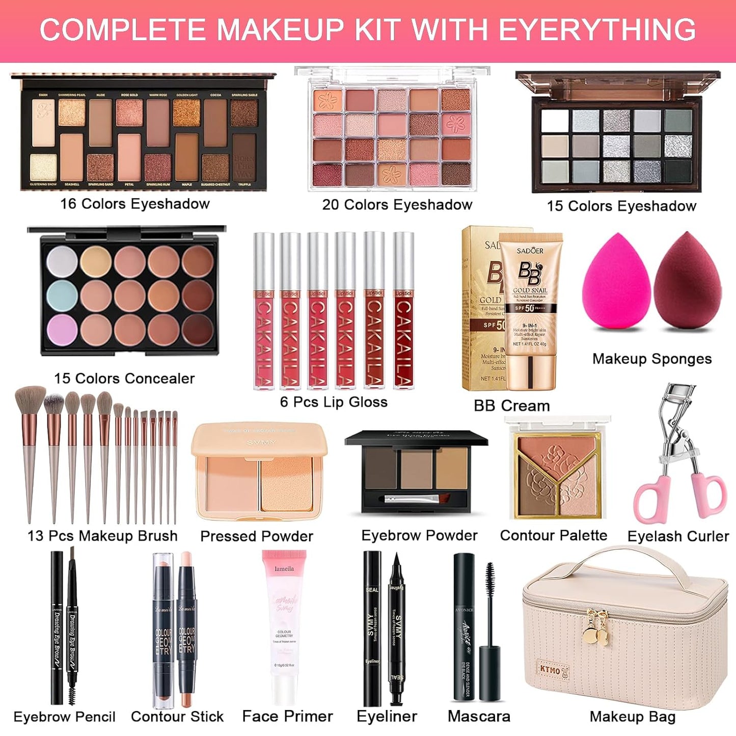 Kit de maquillaje todo en uno, kit de maquillaje para mujeres, kit completo de regalo de maquillaje de viaje para mujeres, adolescentes y niñas, incluye sombra de ojos, lápiz labial, delineador de