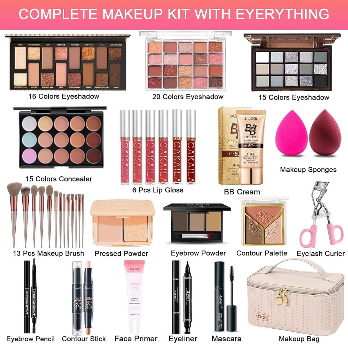 Kit de maquillaje todo en uno, kit de maquillaje para mujeres, kit completo de regalo de maquillaje de viaje para mujeres, adolescentes y niñas, incluye sombra de ojos, lápiz labial, delineador de