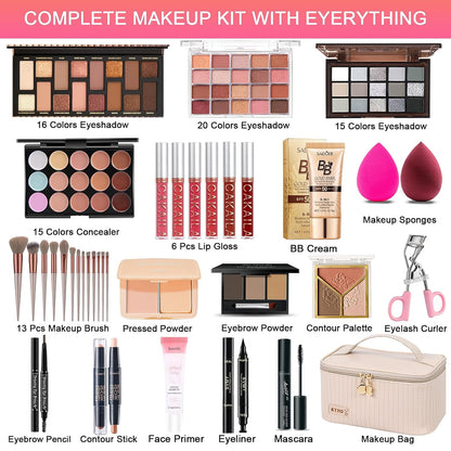 Kit de maquillaje todo en uno, kit de maquillaje para mujeres, kit completo de regalo de maquillaje de viaje para mujeres, adolescentes y niñas, incluye sombra de ojos, lápiz labial, delineador de