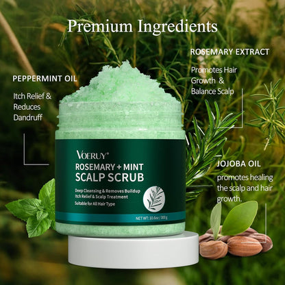 Exfoliante para el cuero cabelludo, champú exfoliante de cuero cabelludo de romero, tratamiento 2 en 1 para el cuero cabelludo con aceite de menta, tratamiento capilar para aclarar y eliminar