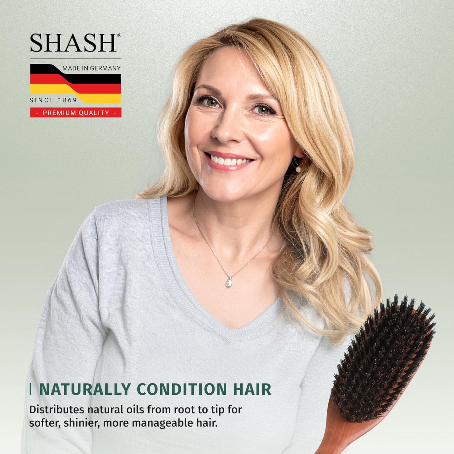 SHASH Cepillo de pelo clásico alemán de primer corte 100% con cerdas de jabalí desde 1869 – Acondiciona el cabello, mejora la textura, exfolia el cuero cabelludo, fino a normal, no para cabello grueso