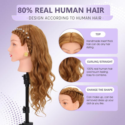 Cabeza de maniquí con 80 % cabello humano para práctica de cosmetol...