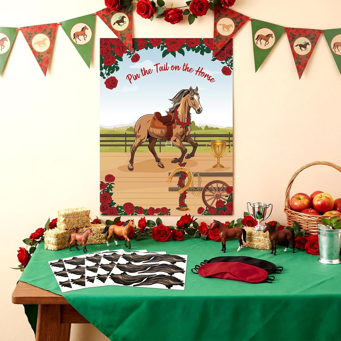 Civaner Juego de 33 piezas de decoración Derby Pin The Tail on The Horse con 1 póster, 30 colas de caballo y 2 máscaras de ojos de poliéster, juegos de fiesta para Derby Western Cowboy suministros de