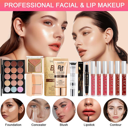 Kit de maquillaje todo en uno, kit de maquillaje para mujeres, kit completo de regalo de maquillaje de viaje para mujeres, adolescentes y niñas, incluye sombra de ojos, lápiz labial, delineador de