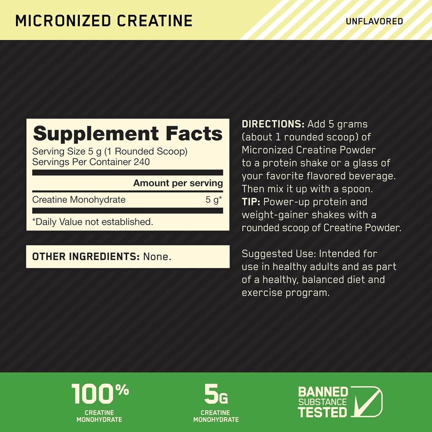 Optimum Nutrition Creatina Micronizada Monohidrato en polvo, sin sa...