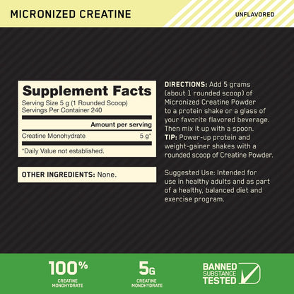 Optimum Nutrition Creatina Micronizada Monohidrato en polvo, sin sa...