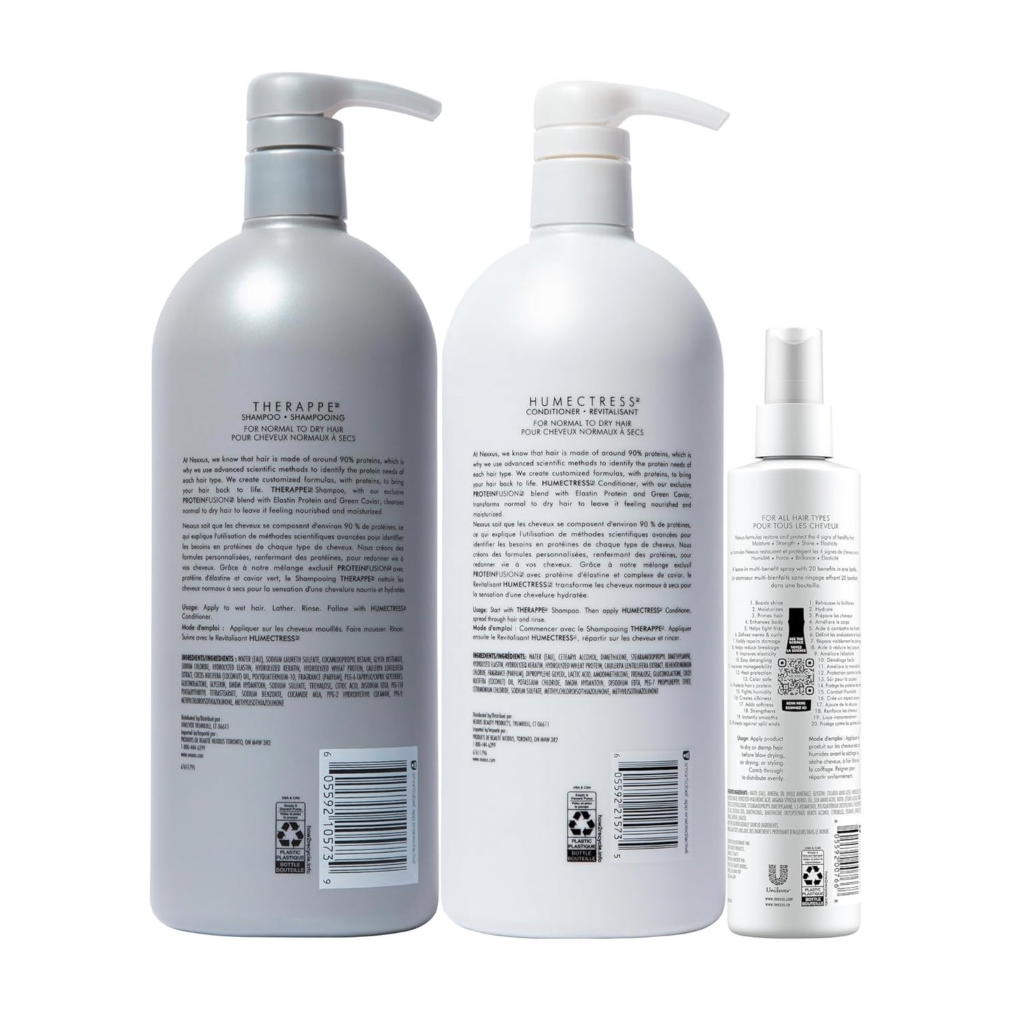 Nexxus Champú y acondicionador Therappe Humectress 2 unidades para cabello seco 33.8 oz y acondicionador sin enjuague Humectress Spray 20 en 1 Perfector 9 oz