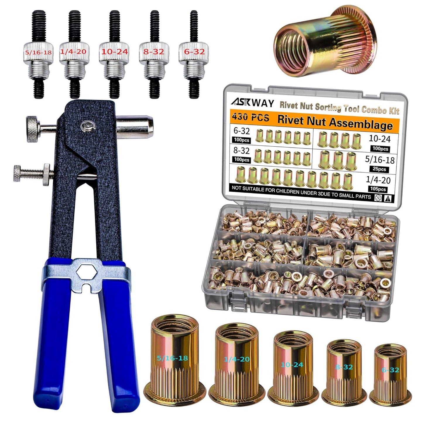 Kit de herramientas de tuerca remachadora imperial, 430 piezas, com...