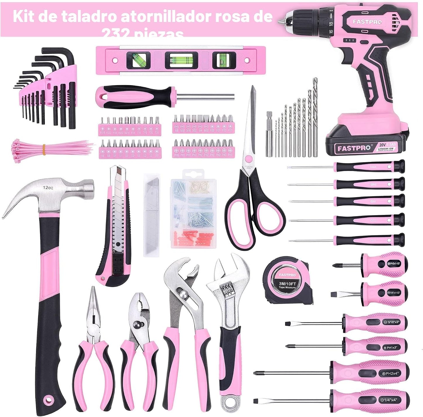 FASTPRO 232 piezas 20 V Rosa inalámbrico Taladro de iones de litio...