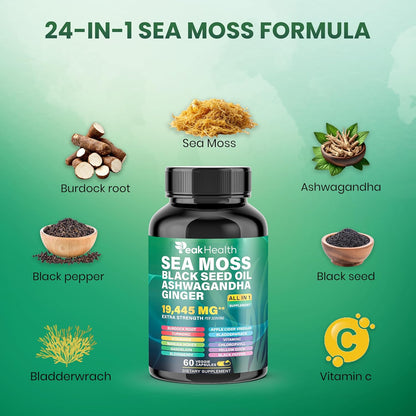 Peakhealth Cápsulas de Shilajit Sea Moss Aceite de Semilla Negra As...