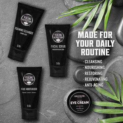 Viking Revolution Kit de cuidado facial de la piel para hombres, incluye hidratante facial rejuvenecedor, exfoliante facial de microdermoabrasión, limpiador espumoso (5 onzas cada uno) y crema de ojos