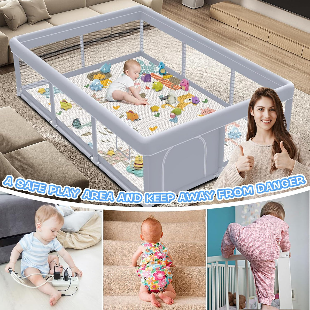XVISHX Corralito para bebés con paspartú, 74 x 50 pulgadas, corrali...