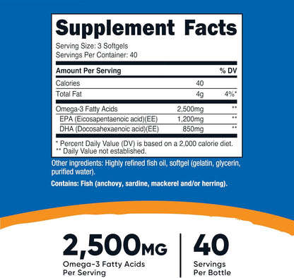 Nutricost Aceite de Pescado Omega 3 - 2500 mg, 120 cápsulas blandas...