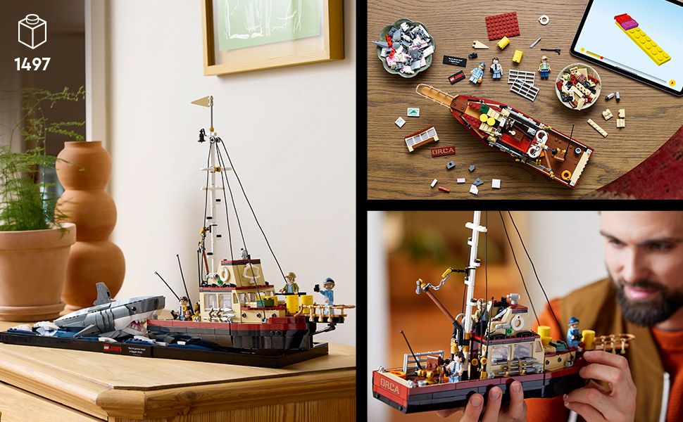 LEGO Ideas Jaws Set – Kit de diorama para fanáticos de la película clásica – Juguete de tiburón – Regalo de recuerdos de película para adultos – Incluye barco Orca y las minifiguras de Chief Brody