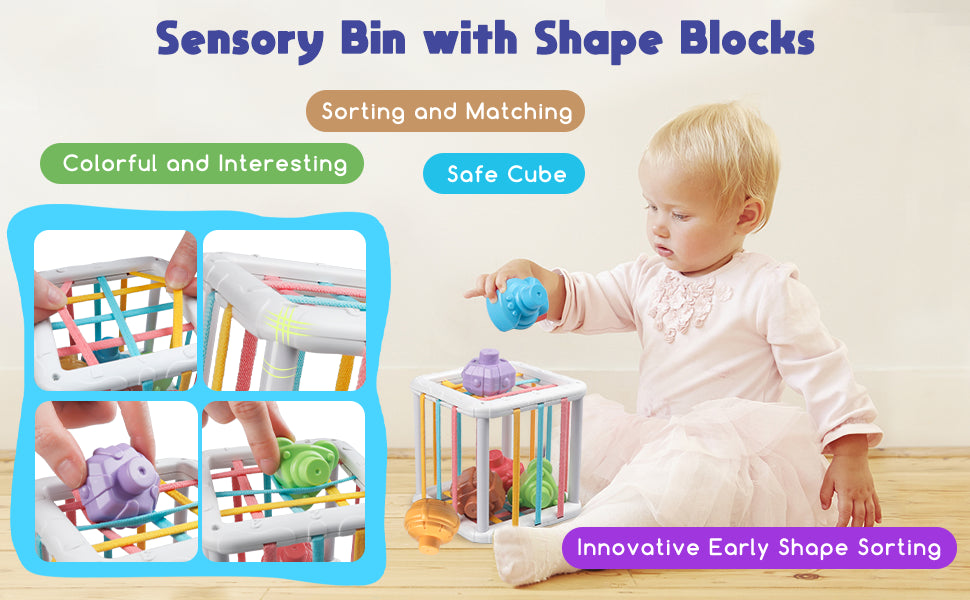 Juguetes Montessori para Bebés - Mordedor de Cuerda, Bloques Apilables, Contenedor de Formas Sensoriales, Diversión para la Hora del Baño Infantil, Juguetes 4 en 1 para Niños y Niñas
