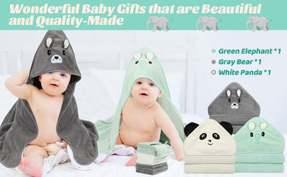 12 toallas de bebé, 3 toallas suaves con capucha y 9 paños de baño, toallas de baño para recién nacidos, bebés y niños pequeños, ultra absorbentes, lindas toallas de bebé de regalo para niños