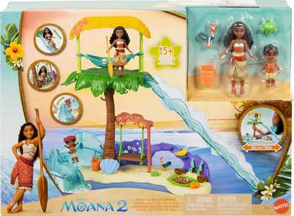 Mattel Disney Moana 2 Juguetes, Set de juego de aventura en la isla de Moana con muñecas pequeñas de Moana y Simea, 2 amigos personajes, 5 áreas de juego y 8 accesorios